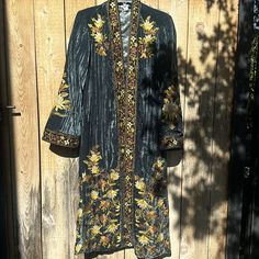 Elegance Galore!!! Soft Deep Ocean Blue Velvet Open Front Kaftan (Kimono) With Gorgeous Rich Embroidery In Gold, Copper, Olive, Brown And Burnt Orange. Dark Gray Silky Lining. Side Pockets. Available In Size Xs (2-4 About 19” Pit To Pit) And Xl (16-18 About 24” Pit To Pit. Approximately 46” Long. New With Tags From Sundance. Festive Evening Kaftan With Floral Embroidery, Festive Fitted Silk Kaftan, Festive Floral Embroidered Kaftan For Party, Festive Floral Embroidered Party Kaftan, Bohemian Evening Dress With Resham Embroidery, Festive Party Kaftan With Floral Embroidery, Elegant Embroidered Silk Kimono, Silk Kaftan With Intricate Embroidery For Party, Embroidered Fitted Evening Kaftan