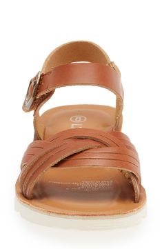 Memory foam cushioning brings comfort with every step they take in this go-anywhere leather sandal shaped with wavy woven straps. Leather upper/synthetic lining and sole Imported Brown Synthetic Sport Sandals For Summer, Brown Synthetic Open Toe Sport Sandals, Brown Synthetic Sport Sandals For Vacation, Brown Leather Beach Sport Sandals, Brown Sport Sandals For Spring Beach Occasion, Brown Leather Sport Sandals For Vacation, Brown Synthetic Sport Sandals With Round Toe, Brown Synthetic Round Toe Sport Sandals, Comfortable Brown Synthetic Sandals