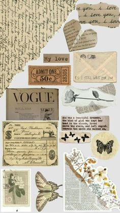 an assortment of papers and stickers with writing on them, including envelopes, paper hearts