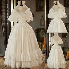 a white wedding dress with long sleeves and ruffles on the skirt is shown in three different views