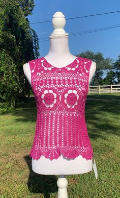 "Lacy Crochet Tank Top.  Great with a camisole underneath or as a bathing suit coverup.  Looks great with jean, shorts, or a skirt.   1. Pink top - made with cotton yarn  - 32\" wide and 20 in\" long from shoulder to bottom. 2. Blue top - made with cotton yarn - 40\" wide and 24 in\" long from shoulder to bottom. 3. Custom order - message me with color Custom Orders usually take about 2-3 weeks to create (not including shipping time). However, depending on the number of orders I have, it could take more or less time to make the item and ship it to you. If you need it by a certain day, feel free to message me and I can let you know if that will be possible!Dress form used is a size medium." Fitted Lace Crop Top For Summer, Stretch Camisole Tank Top For Beach, Summer Beach Lace Top Fitted, Fitted Lace Top For Summer Beach, Fitted Lace Top For Beach, Summer, Hippie Crochet Top For Beach Season, Crochet Lace Top For Summer Beach Party, Summer Crochet Lace Top, Fitted Summer Lace Top