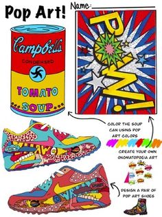 an advertisement for pop art featuring shoes, cans and other items to be colored in