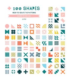 the book cover for 100 shapes, which features colorful geometric designs and an arrow in the middle