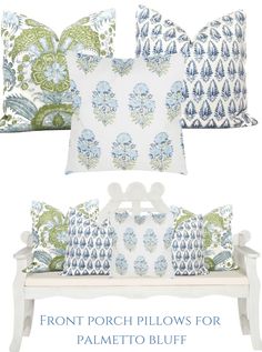 four different pillows on a bench with the words front porch pillows for palmetto bluff