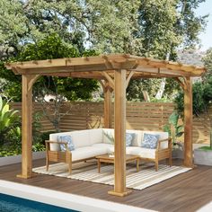 an outdoor living area with couches and a pergolated gazebo next to a swimming pool