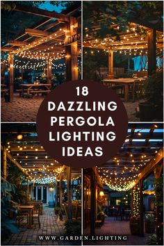 a collage of photos of a pergola lighting idea Outdoor Chandelier Patio, Outside Deck Lighting Ideas, Cute Pergola Ideas, Fairy Light Pergola, Gazebo Fairy Lights, Outdoor Hanging Lights Pergola, Lights For Pergola Outdoor Spaces, Outdoor Patio Pergola Ideas, Pergola Hanging Lights