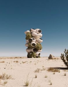 a large stack of rocks in the middle of a sandy area with grass and bushes