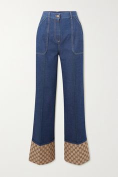 Gucci's jeans have a distinct '70s feel that's defined by the high-rise, wide-leg silhouette. Cut from denim, they're finished with coated-canvas trims detailed with the label's signature monogram. Style yours with a tucked-in turtleneck. Gucci Jeans Women, Spring Gucci Denim Bottoms, Luxury Gucci Denim Bottoms, Luxury Gucci Jeans, Expensive Jeans, Trousers Women Outfit, Luxury Jeans, Jeans Gucci, Gucci Jeans