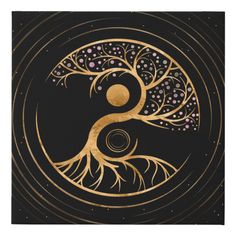 a gold and black painting with a tree in it's center on a black background