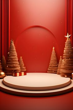 a red stage with three christmas trees on it and a round object in the middle