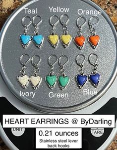 ❤️HEART / LOVE THEMED JEWELRY: Unique Heart charms turned into dangle earrings.  Perfect size for any age... not too big and not too small. Fun colors & styles!  Light weight charms make it seem like you aren't even wearing earrings.  Handmade earring gems ByDarling make a wonderful gift for you or for a loved one.  Perfect for any occasion.  Requests accepted! 📌 COLORFUL HEART EARRINGS: * Materials = heart charms, jump rings, split rings, resealable baggy, and lever back hooks  * weight = 0.21 Affordable Multicolor Heart Charm Earrings, Affordable Multicolor Heart Dangle Earrings, Cheap Multicolor Heart Charm Earrings, Cheap Multicolor Dangle Heart Earrings, Red Heart Earrings, Ivory Earrings, Love Earrings, Sports Jewelry, Silver Heart Earrings