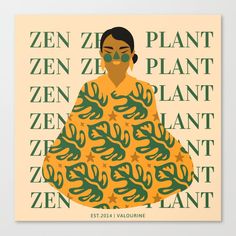 a poster with an image of a woman wearing a yellow dress and green leaves on it