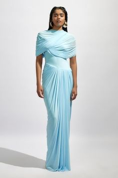 Blue maxi dress with fully cascading draped top-bottom and adorned with intricate pleated drapes detailing. - Aza Fashions Baby Blue Maxi Dress, Pleated Drapes, Blue Maxi Dress, Draped Top, Lingerie Outfits, Blue Maxi, Pleated Maxi Dress, Outfit Look, Dresses By Length