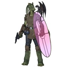 a cartoon character is holding a surfboard and a dragon on his back, while standing in front of a white background