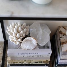 some books are stacked on top of each other near a white vase and a pine cone