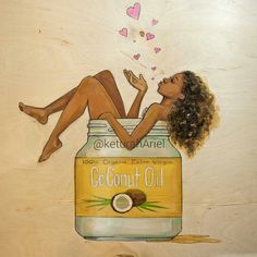 a painting of a woman laying on top of a jar with coconut oil in it