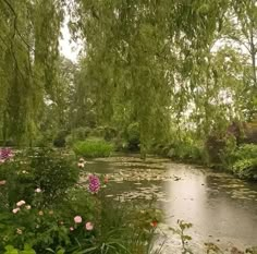 there is a small pond surrounded by trees and flowers