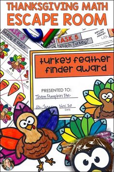 a turkey themed teacher's award certificate for the thanksgiving math escape room is shown