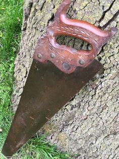 an old rusty knife stuck in the bark of a tree