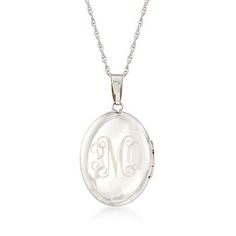 Ross-Simons - Monogram - 14kt White Gold Floral Locket Necklace. 20". Etched with a scrolling floral motif, our 14kt white gold oval locket has the aura of a vintage-style keepsake. Can be engraved on the back for FREE with a monogram in your choice of block or script type. Suspends from a Singapore chain that adjusts from 24" to choker length. Satin and polished finishes. Springring clasp, 14kt white gold personalized locket necklace. Elegant Oval Link Locket Necklace, Elegant Oval Link Locket Necklace For Wedding, Elegant Hallmarked Locket Necklace For Formal Occasions, Elegant Oval Link Locket Jewelry, Oval White Gold Jewelry With Sterling Silver Clasp, White Gold Jewelry With Sterling Silver Clasp, Oval Link Necklaces With Polished Finish For Weddings, Polished Oval Link Necklaces For Weddings, Classic White Oval Pendant Jewelry