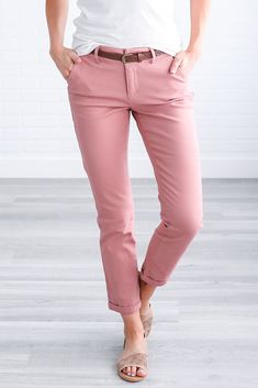 Who doesn't love a good pair of Chinos? These women's chino pants are a must-have for the perfect winter outfit! Trust us when we say you will absolutely love these pants! Model Info: Models are 5'7", Size 2, wearing smalls Fabric: 97% cotton 3% spandex Chino Outfit Women, Chinos Women Outfit, Pink Chinos, Perfect Winter Outfit, Pick Outfits, Pants Model, Womens Chinos, Muted Pink, Cute Flats