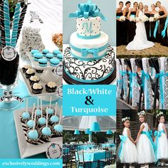 a collage of photos with blue and black wedding decorations, cake, and cupcakes