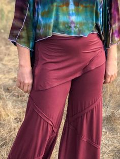 women's natural rayon jersey skirt over wide leg pants with raised diagonal stitching #color_wine Wide Leg Flare Pants, Skirt Details, Lycra Fabric, Womens Jersey, Natural Curves, A Skirt, Draped Fabric, Flare Pants, Jersey Fabric