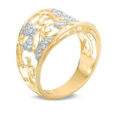 Perfect for any occasion, this shimmering diamond filigree ring treats her to a look of love. Fashioned in warm 10K gold, this open-worked band features heart-shaped cutouts and scrolls - and diamond-touched hearts to add sparkle and shine. Radiant with 1/6 ct. t.w. of diamonds and a brilliant buffed luster, this thrilling ring is certain to enchant. Gold Diamond Filigree Ring, Gold Filigree Ring With Diamond Accents For Promise, Elegant Gold Filigree Ring With Diamond Accents, Gold Filigree Ring With Diamond Accents, Anniversary Filigree Ring In Yellow Gold With Diamond Accents, Anniversary Yellow Gold Filigree Ring With Diamond Accents, Filigree Promise Ring With Diamond Accents, Look Of Love, Filigree Ring