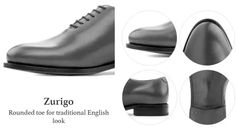 four different views of a black shoe with the words,'zyrgo rounded toe for traditional english look '