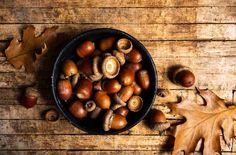 a bowl filled with lots of nuts on top of a wooden table next to an oak leaf