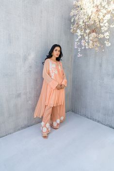 Spring Sharara With Sheer Dupatta, Designer Peach Chikankari Embroidery Sets, Spring Designer Pant Set With Dupatta, Peach Chikankari Embroidery Designer Sets, Summer Palazzo Set With Resham Embroidery, Fitted Pant Set With Sheer Dupatta, Anarkali Pant Set With Sheer Dupatta, Anarkali Pant Set With Sheer Dupatta And Traditional Drape, Elegant Spring Anarkali Set With Traditional Drape