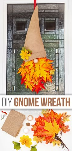 an easy diy gnome wreath made out of burlocks and fall leaves