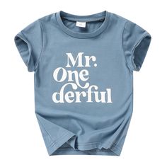 a blue t - shirt with the words mr one derful printed on it