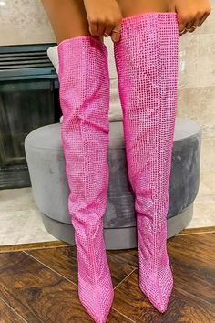 Diamante Crystal-Embellished Point Toe Over The Knee Block Heeled Boot – FloralKini Knee Boots Party, Pink Thigh High Boots, Heels For Ladies, Pink Block Heels, Boots Party, Platform Heels Boots, Thigh High Boots Heels, Animal Print Shoes, Rhinestone Shoes