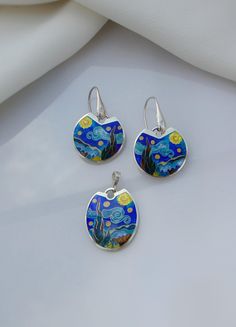 Vincent Van Gogh inspired earrings and pendant, Georgian cloisonne enamel jewelry,Fine silver,Sterry night earrings & pendant,Art jewelry Handmade Sterling Silver Jewelry For Artistic Expression, Hand Painted Sterling Silver Jewelry For Art Collection, Artistic Enamel Jewelry With Matching Earrings, Artistic Enamel Jewelry With Earrings, Unique Hand-painted Enamel Jewelry, Hand Painted Blue Enamel Earrings, Vintage Blue Hand-painted Jewelry, Vintage Cloisonne Jewelry, Cloisonne Enamel Jewelry