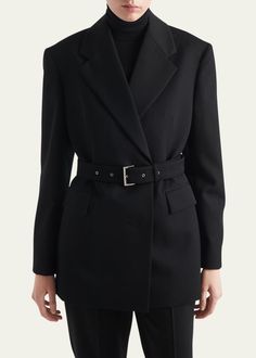 Prada Gabardine Belted Blazer - Bergdorf Goodman Black Luxury Blazer With Welt Pockets, Luxury Double-breasted Belted Blazer, Prada Blazer Women, Luxury Button-up Blazer With Welt Pockets, Luxury Double-breasted Gabardine Blazer, Belted Blazer, Bergdorf Goodman, Black Blazer, Blazers For Women