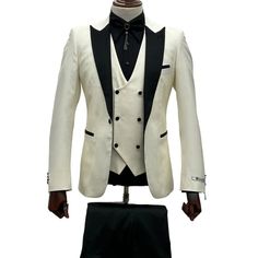 This Ivory Tuxedo - Cream Wedding Suit Is Perfect For Groom And Groomsmen Center Vent Slim Fit Suit 1 Button Shawl Lapel Double Breast Vest. Elegant White Slim Fit Three-piece Suit, White Slim Fit Elegant Three-piece Suit, White Slim Fit Three-piece Suit For Formal Occasions, White Three-piece Wedding Suit, White Slim Fit Suit For Groom, White Three-piece Suit With Notch Lapel For Party, White Fitted Double Breasted Suit With Notch Lapel, White Slim Fit Tuxedo Suit, White Fitted Double Breasted Business Suit