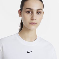 Women's Nike Sportswear Essentials Boxy T-Shirt Style # DD1237-100 Color: White/Black White Athleisure T-shirt With Logo Print, Sporty White Workout T-shirt, White Cropped T-shirt With Crew Neck, Sporty Cropped T-shirt With Logo For Streetwear, White Workout T-shirt With Logo Print, White Athleisure Crew Neck T-shirt, White Cropped T-shirt For Workout, White Sporty Crew Neck T-shirt, Sporty Short Sleeve Cropped T-shirt With Logo