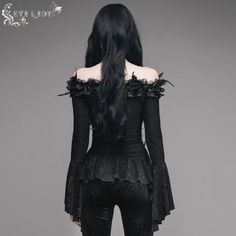 Feather Rose Horizontal Neck Dark Pattern Stretchy Jacquard Sexy Women Shirts Punk Top, Gothic Shirts, Bardot Neckline, Elegant Gothic, Victorian Goth, Black Off Shoulder, Gothic Clothing, Fashion Now, Style Punk