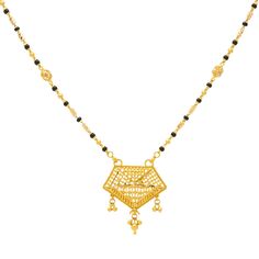 This traditionally designed 22k gold mangalsutra necklace with black and gold bead will be the perfect addition to your post matromonial looks. Features: • 22k yellow gold • Black beads • Filigree details • Hook-in-eye closure Whether you're attending a special event, getting married, or you want to dress up your everyday attire, our 22K gold chain Mangalsutra necklaces are the perfect addition to your wardrobe. The black beads and complementing gold make these pieces elegantly subtle and easy t 22k Gold Chain Necklace, Gold Black Beads, 22k Gold Chain, Modern Gold Jewelry, Gold Mangalsutra, Gold Bead Necklace, Gold Jewellery Design, Gold Chain Necklace, 22k Gold