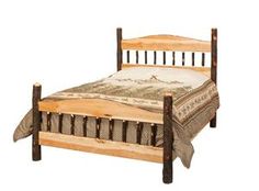 the bed is made and has wooden slats