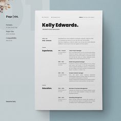 a clean and modern resume is displayed on a blue background with the words kelly edwards