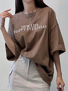 Brown Casual Collar Half Sleeve Cotton Letter  Embellished Slight Stretch Summer Women Clothing Half Sleeve Shirts Women, Women Slogan, Korean Casual Outfits, Half Sleeve Shirts, Everyday Fashion Outfits, Diy Fashion Clothing, Casual Wide Leg Pants, Quick Outfits, Casual Day Outfits