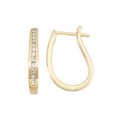 These gorgeous 10k gold diamond hoop earrings are the perfect way to finish any outfit.Click on this JEWELRY & WATCHES GUIDE to learn about fit, styles, materials and more! Length: 16 mm Backings: clip-on Metal: 10k gold Plating: rhodium, 10k gold Finish: polished Packaging: boxedDIAMOND DETAILS Total weight: 1/4 ct. Shape: round Setting: channel Diamond weights are approximate. Diamond total weights may vary between .01 and .08 ct. Some diamonds have fewer than 17 facets. Gemstones may have been treated to enhance their appearance. Special care may be required. Please visit our Gemstone Treatment & Special Care Guide for more information. Image(s) may be enlarged to show detail. Please note, due to the high value of this item, a signature may be required upon delivery. Size: One Size. Col Small Hoop Diamond Earrings With Accents For Anniversary, Classic Formal Hoop Earrings With Channel Set, Classic Channel Set Hoop Earrings For Formal Occasions, Formal 14k Gold Diamond Earrings Channel Set, 14k Gold Channel Set Hoop Earrings For Formal Events, Formal 14k Gold Hoop Earrings Channel Set, Diamond Huggie Earrings Channel Set, Formal Hoop Earrings With Channel Set, Formal Hoop Earrings Channel Set