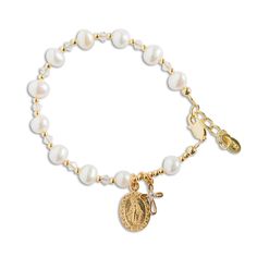 "These 14k gold-plated keepsake rosary bracelets are designed and hand-beaded in the USA using only the finest materials such as 14K gold-plated (over sterling silver) components, genuine soft pink or white freshwater pearls, sparkling silver accents, and adorned with an intricate gold cross charm and beautiful miraculous medal.  Each comes boxed in a gift box and makes a special keepsake for her special first communion day!   Special 1st communion gift for your goddaughter, granddaughter, niece or friend for her special day. (Bracelet measures 6 - 6.5\" with adjustable extension chain and fits the average 6-12 year old).   FREE SHIPPING - Ships within 1 business day! Matching Earrings: https://etsy.me/2UDMk2f Matching Necklace: https://etsy.me/2YXJrbP" Blessing Beaded Rosary Bracelet With Round Beads, Elegant Rosary Bracelet With Miraculous Medal Gift, Beaded Rosary Bracelet For Blessing, Elegant Rosary Bracelet With Miraculous Medal, Gold Beaded Pearl Charm Bracelet, Adjustable Gold Rosary For First Communion, Personalized Gold Rosary Bracelet For Baptism, Adjustable Gold Rosary Bracelet With 8mm Beads, Gold Rosary Bracelet With Round Beads Gift