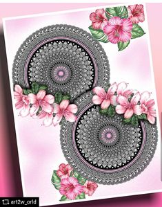 two pink flowers and green leaves are in the middle of a circular design on a white background