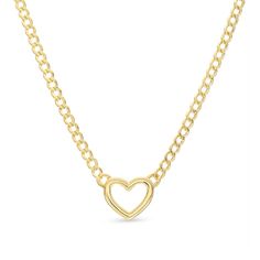 Perfect for layering or worn on its own, this classic statement piece features an 18-inch curb chain set in timeless 10K yellow gold. A beautiful heart-shaped silhouette sits in the middle to finish the look. The necklace boasts a high polish finish and secures with a lobster clasp. Yellow Gold Heart Chain Necklace With Delicate Chain, Yellow Gold Open Heart Necklace With Adjustable Chain, Tarnish Resistant Yellow Gold Open Heart Charm Necklace, 14k Gold Heart Chain Necklace, Heart-shaped Yellow Gold Chain Necklace With Cable Chain, Thick Chain Necklace, Curb Chain Necklace, Necklace Clasps, Kay Jewelers