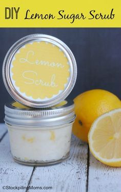 lemon sugar scrub in a mason jar next to two lemons