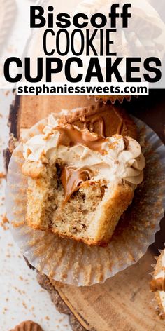 a close up of a muffin on a plate with the words biscoff cookie cupcakes