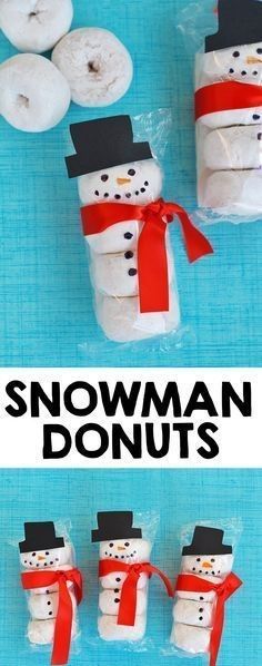 snowman donuts are wrapped in plastic and tied with red ribbon